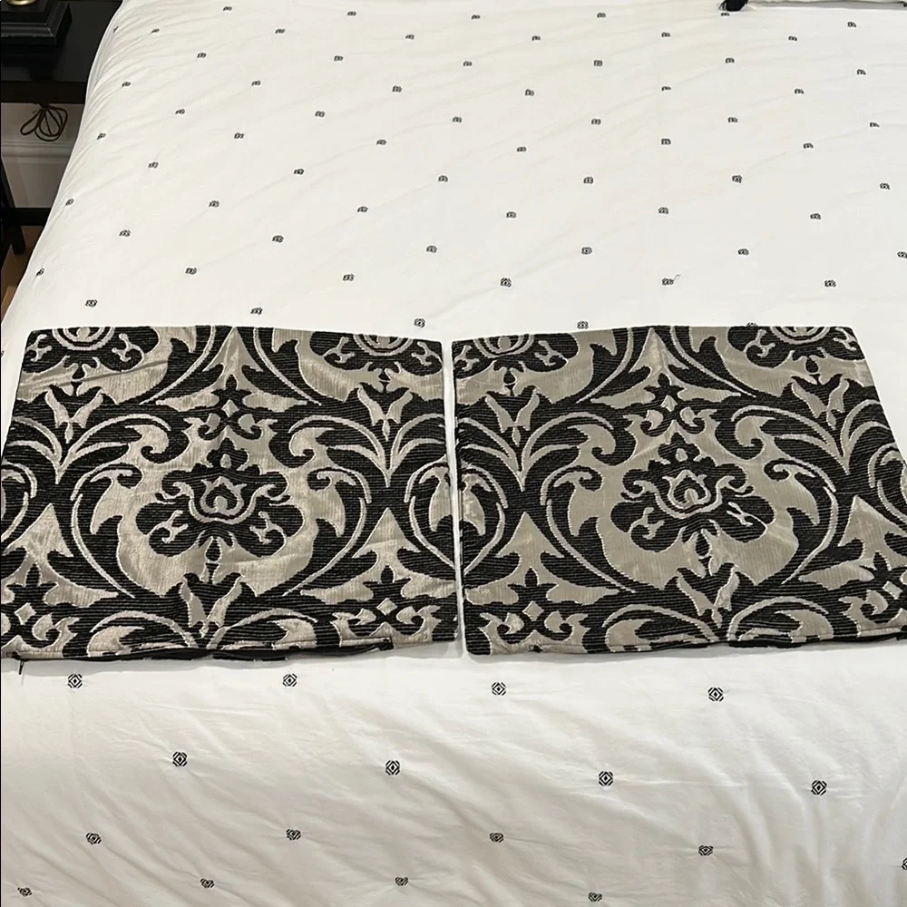 2 Pillow Covers (19”sq) Elegant Black and Silver Damask Fabric